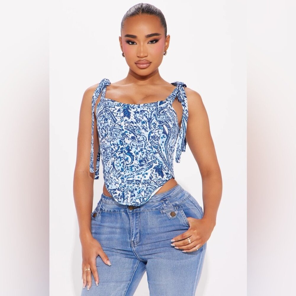 Fashion Nova Inner Peace Paisley Corset Top - Blue/combo